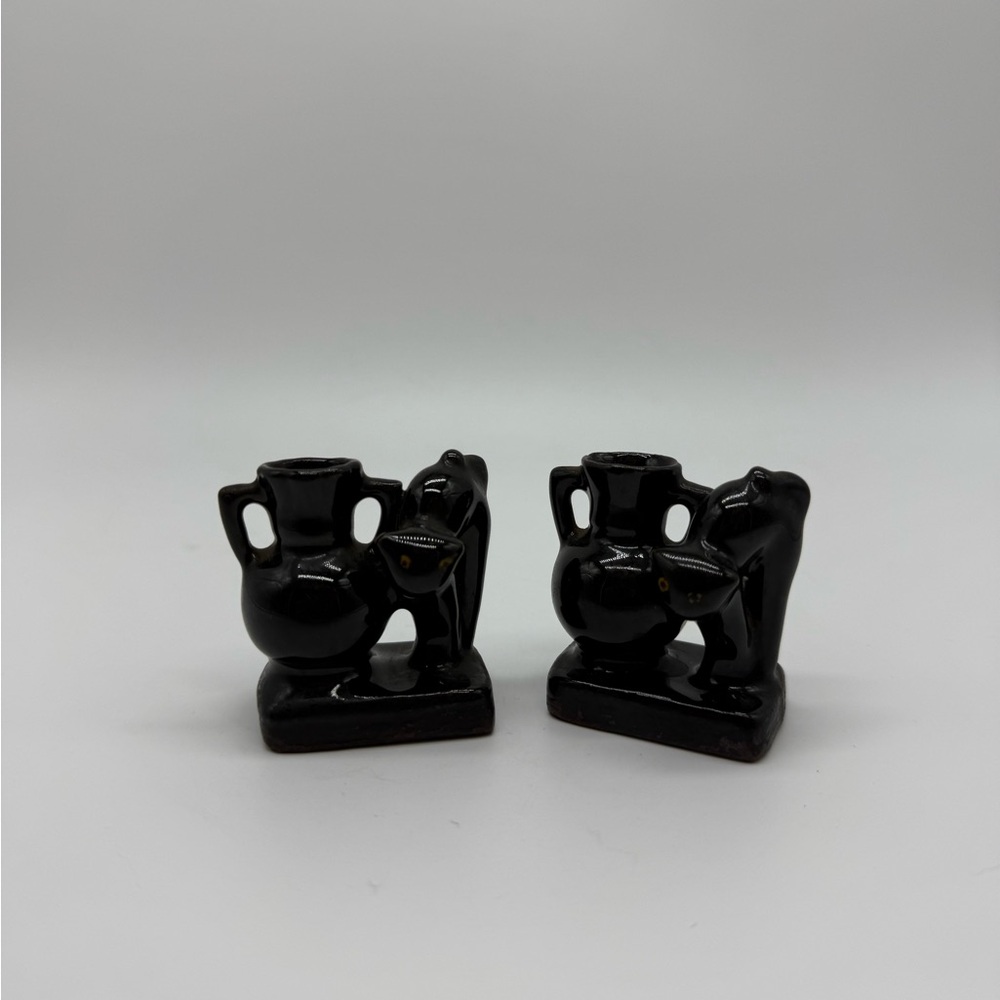 Miniature Black Cat Toothpick Holder Vase Pair Made In Japan